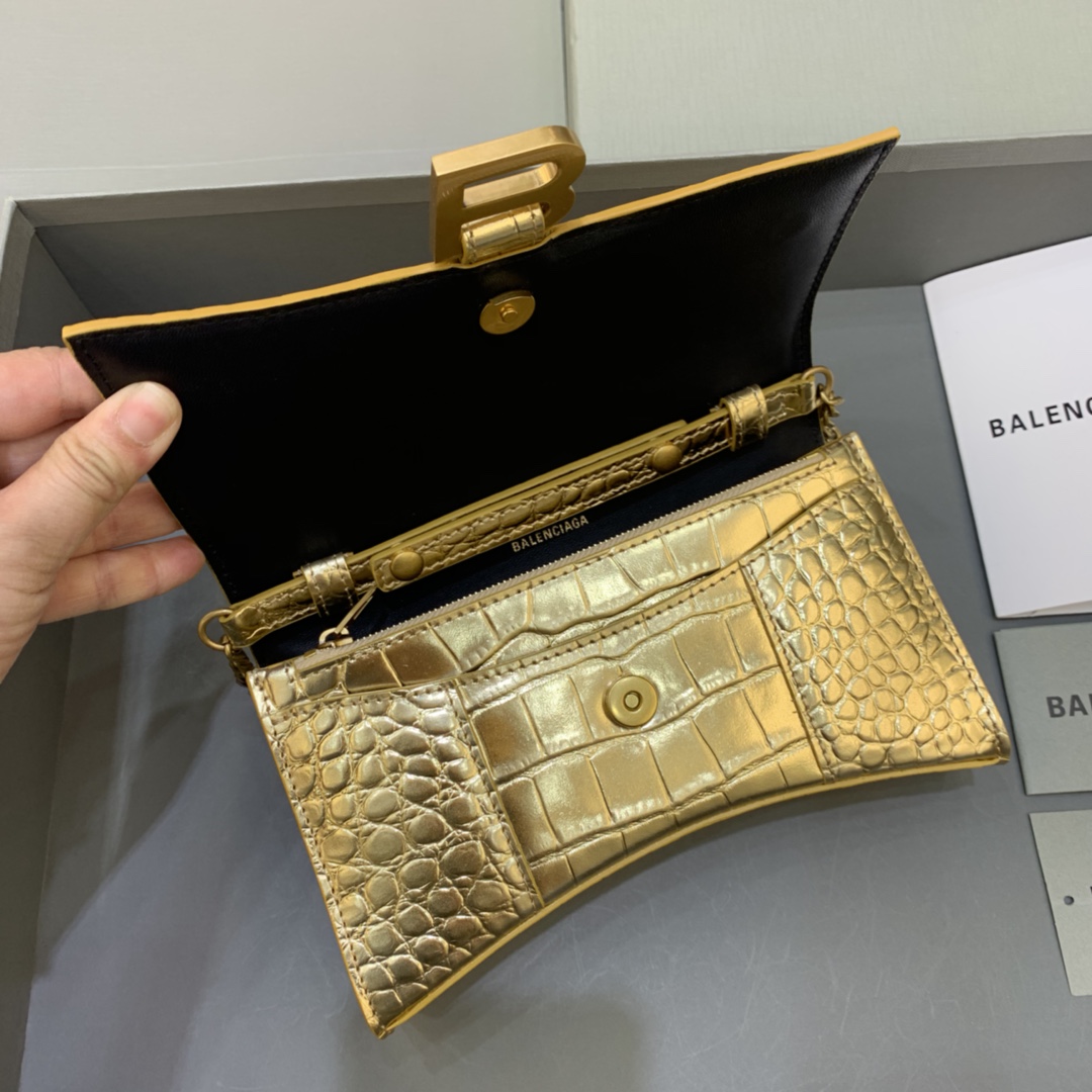 Balenciaga Small Hourglass Wallet With Chain Crocodile Embossed Shoulder Bag Gold